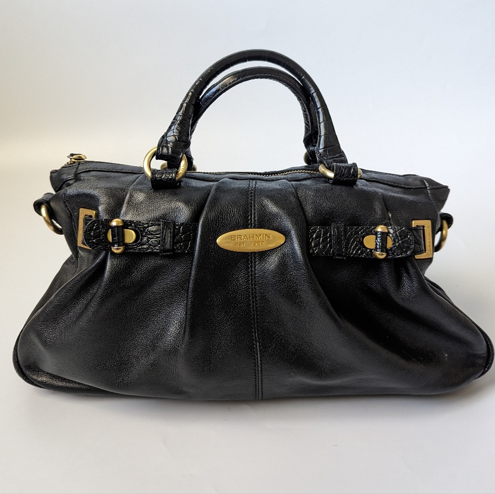 Beautiful soft black leather brahmin croc detail gold hardware stachel